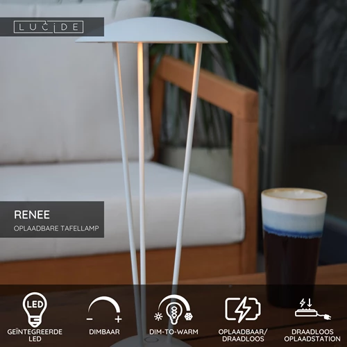 Lucide RENEE - Oplaadbare Tafellamp Binnen/Buiten - Accu/Batterij - Ø 12,3 cm - LED Dim to warm - 1x2,2W 2700K/3000K - IP54 - Met draadloos oplaadstation - Wit - USP